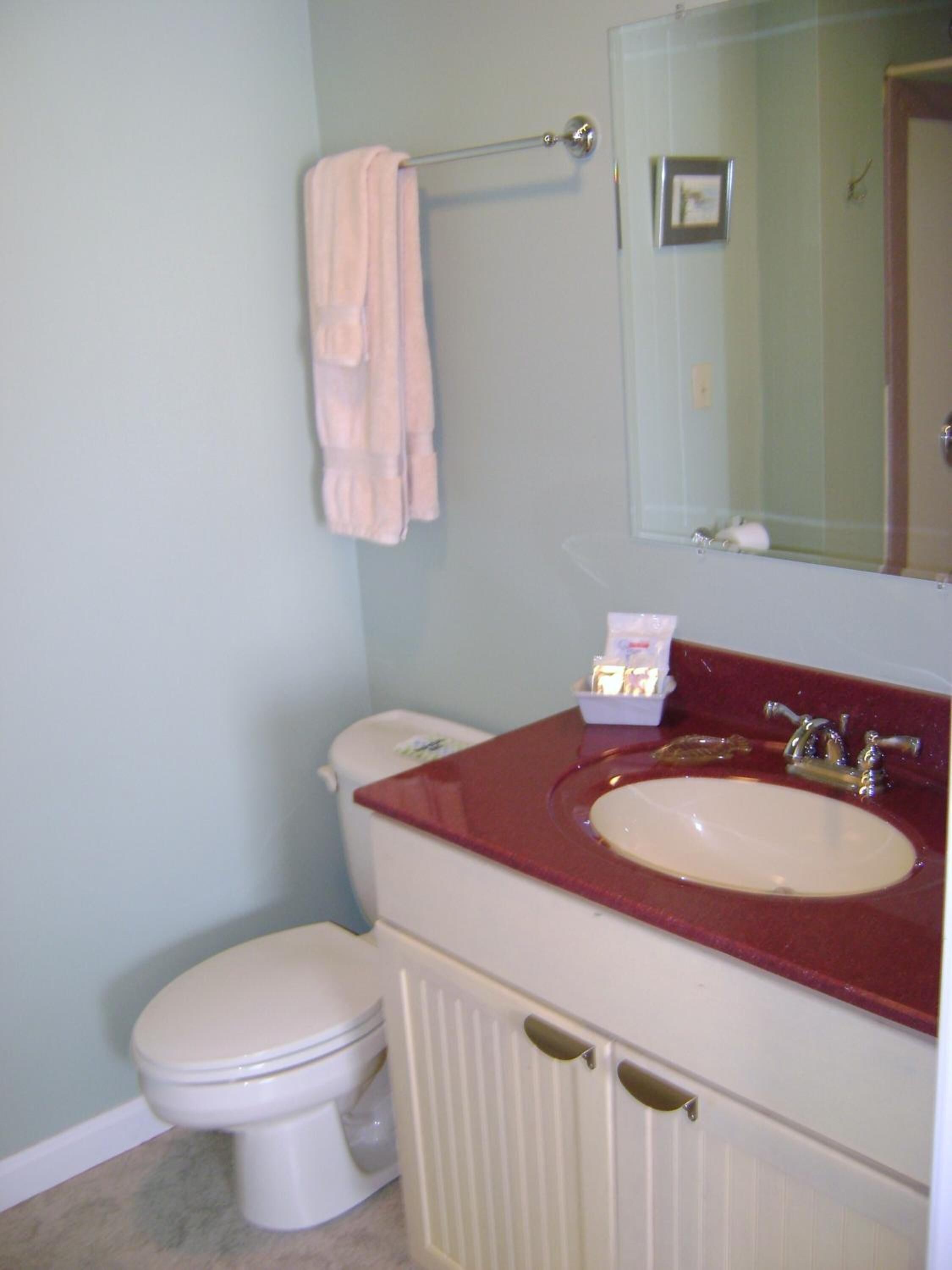 A bathroom with a white toilet, a sink with a red countertop, and a mirror above the sink.
