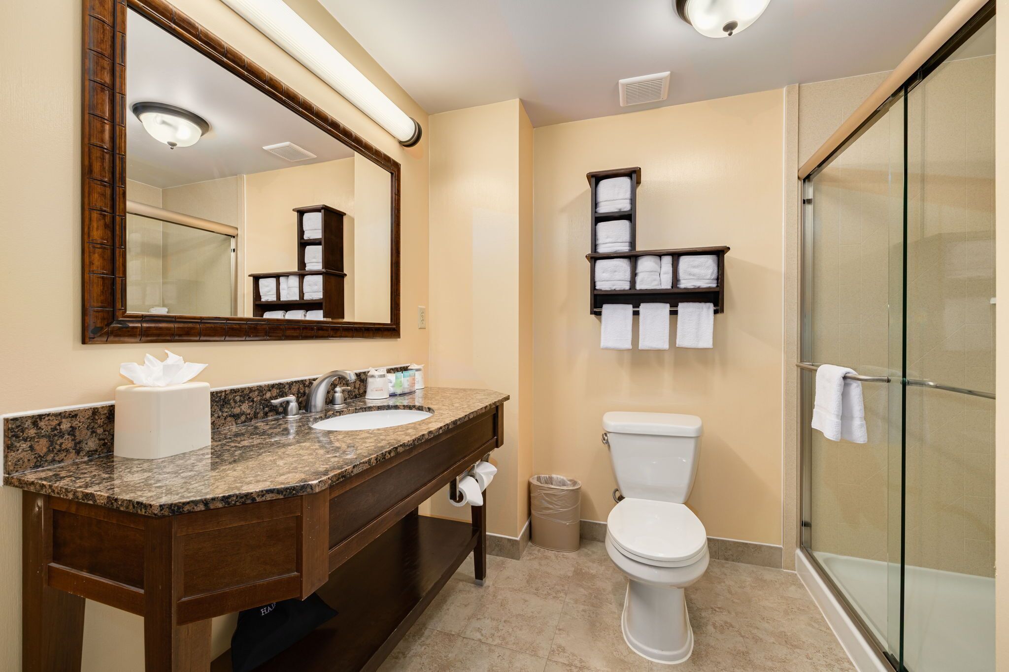 A modern bathroom with a granite countertop sink, a large mirror, a toilet, and a glass shower enclosure.