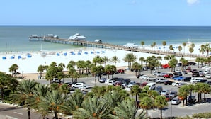 A beach with a pier, palm trees, and a parking lot.