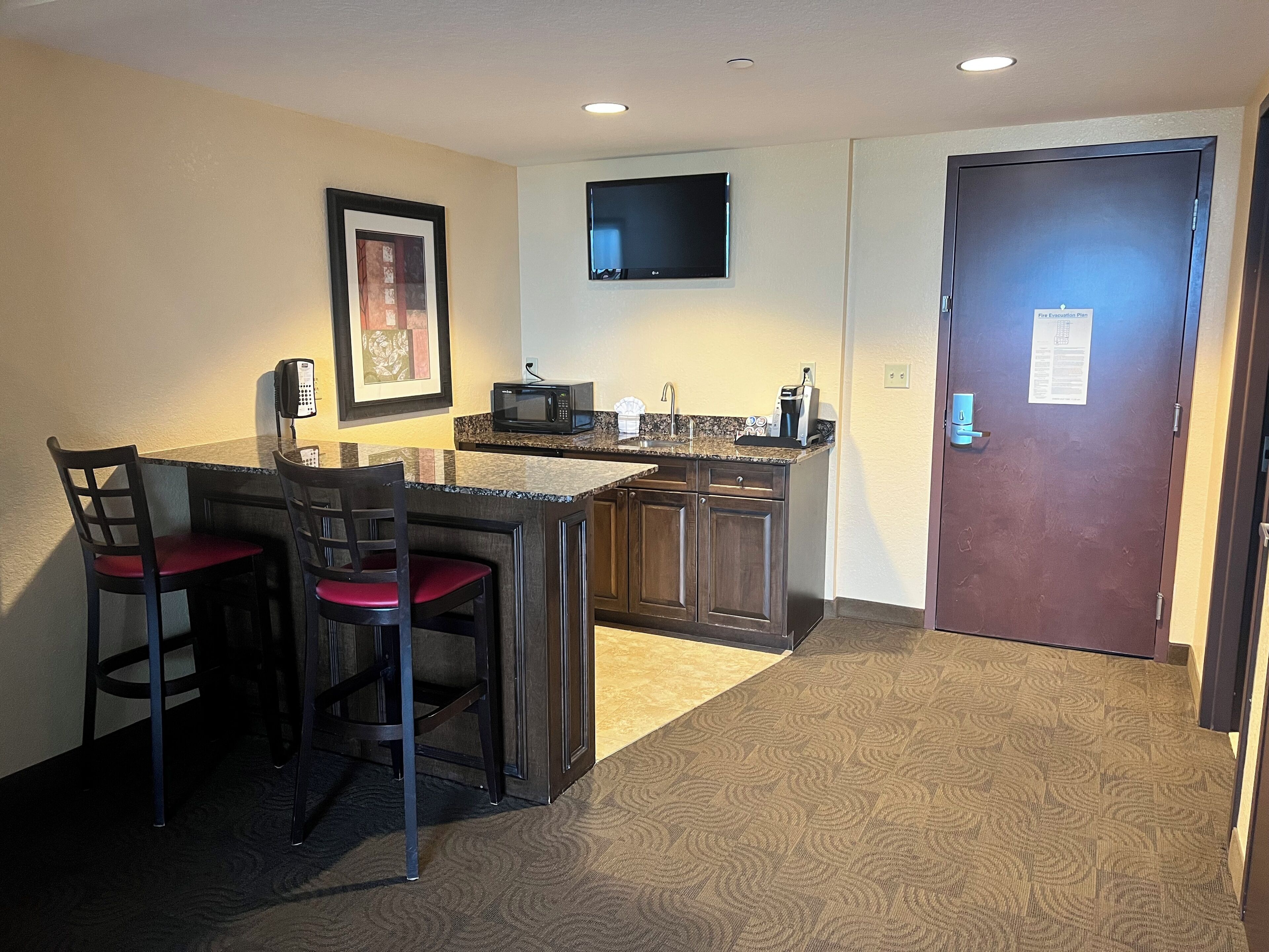 mini-fridge, microwave, coffee/tea maker