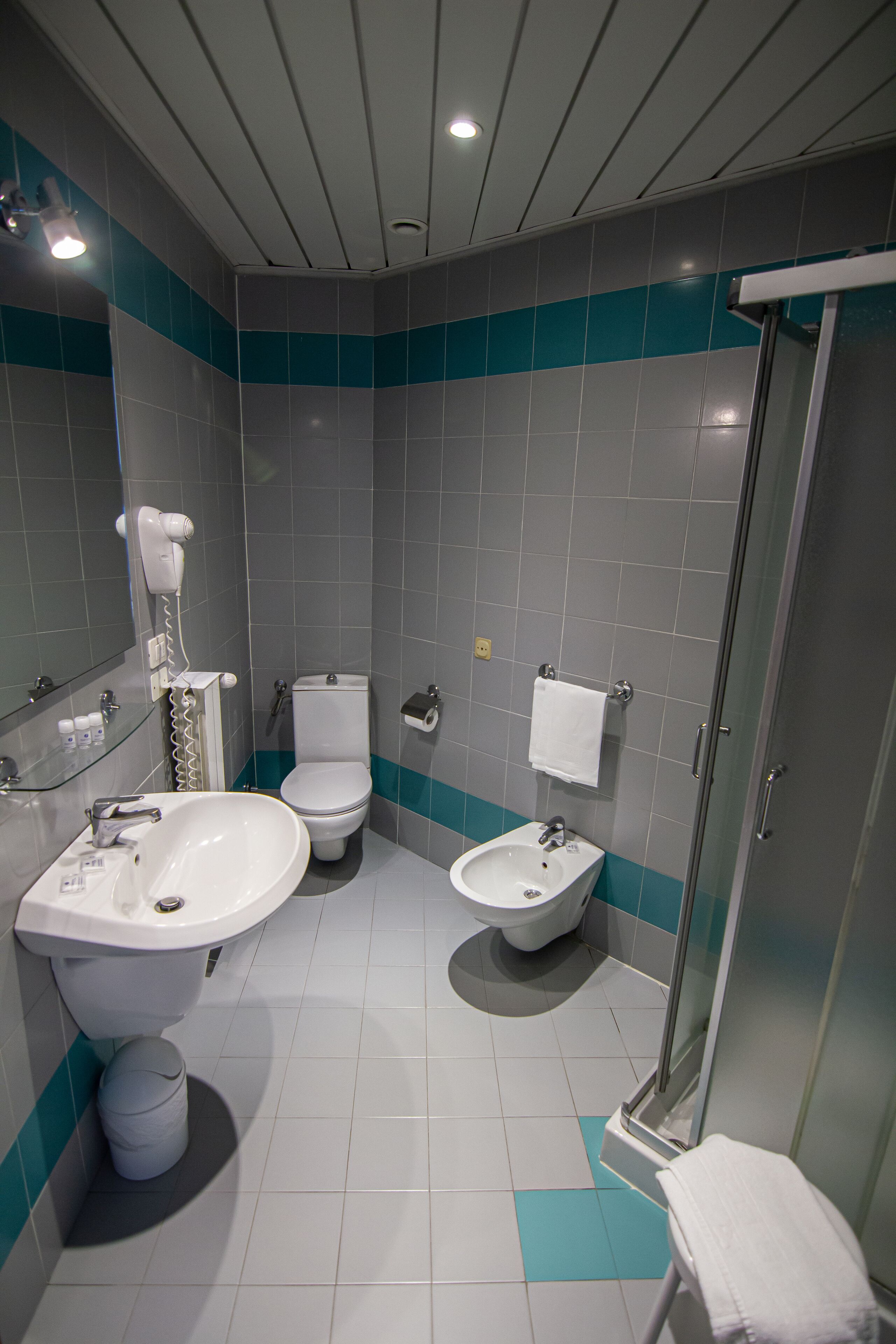 A modern bathroom with a sink, toilet, bidet, and a glass shower enclosure.