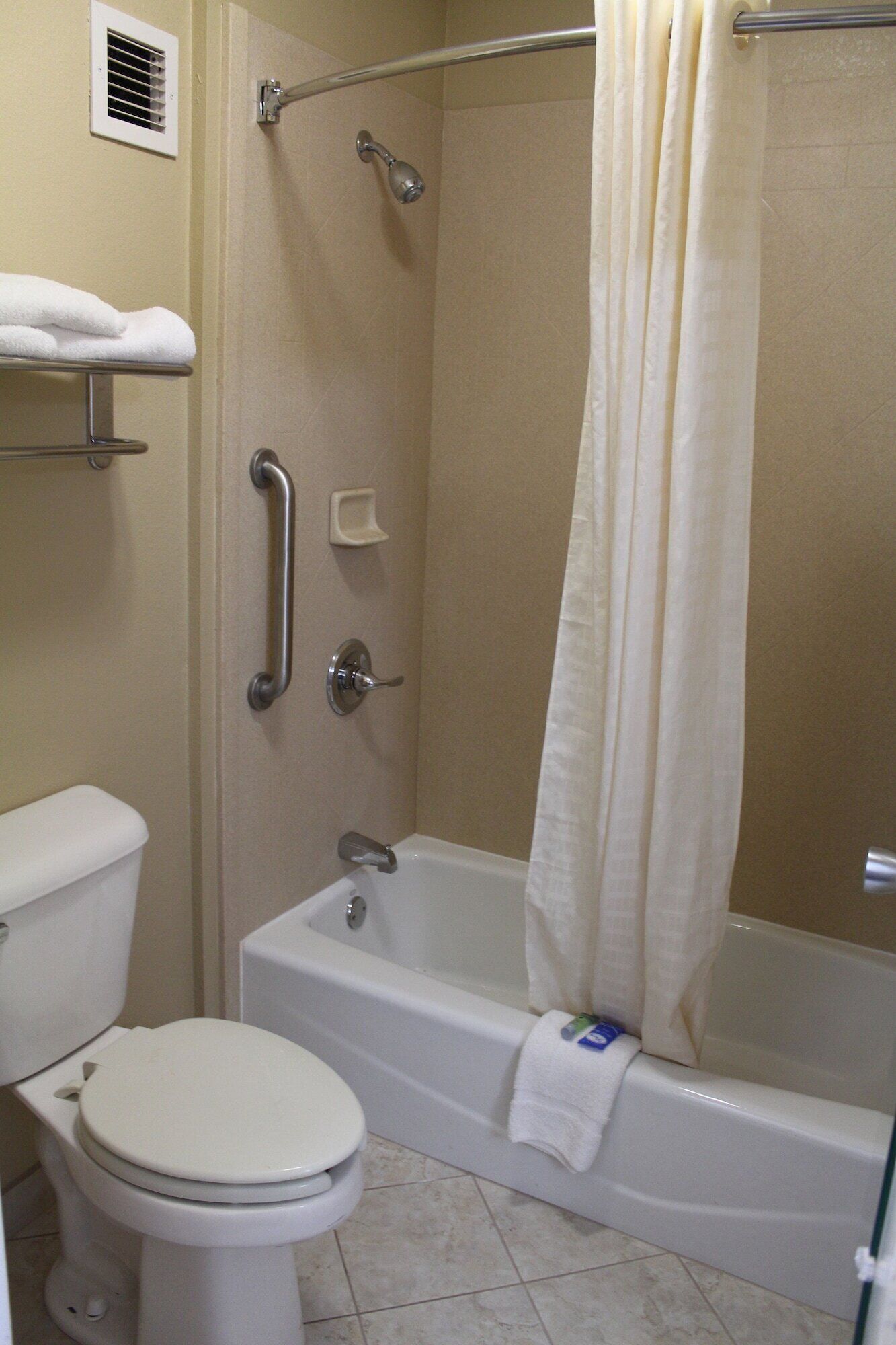 Ein Badezimmer mit Toilette, Badewanne und Dusche.