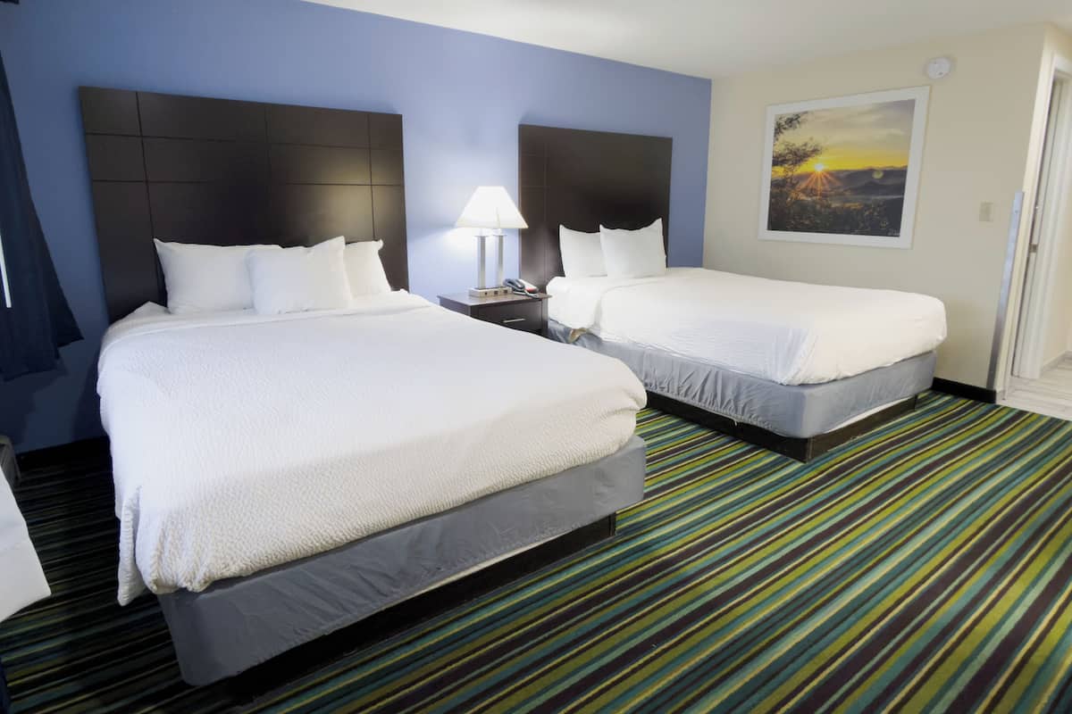 A hotel room with two beds, a nightstand with a lamp, a framed picture on the wall, and a striped carpet.