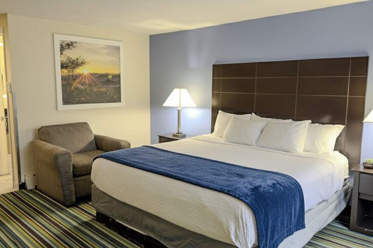 A hotel room with a large bed, a chair, a nightstand, a lamp, and a painting on the wall.