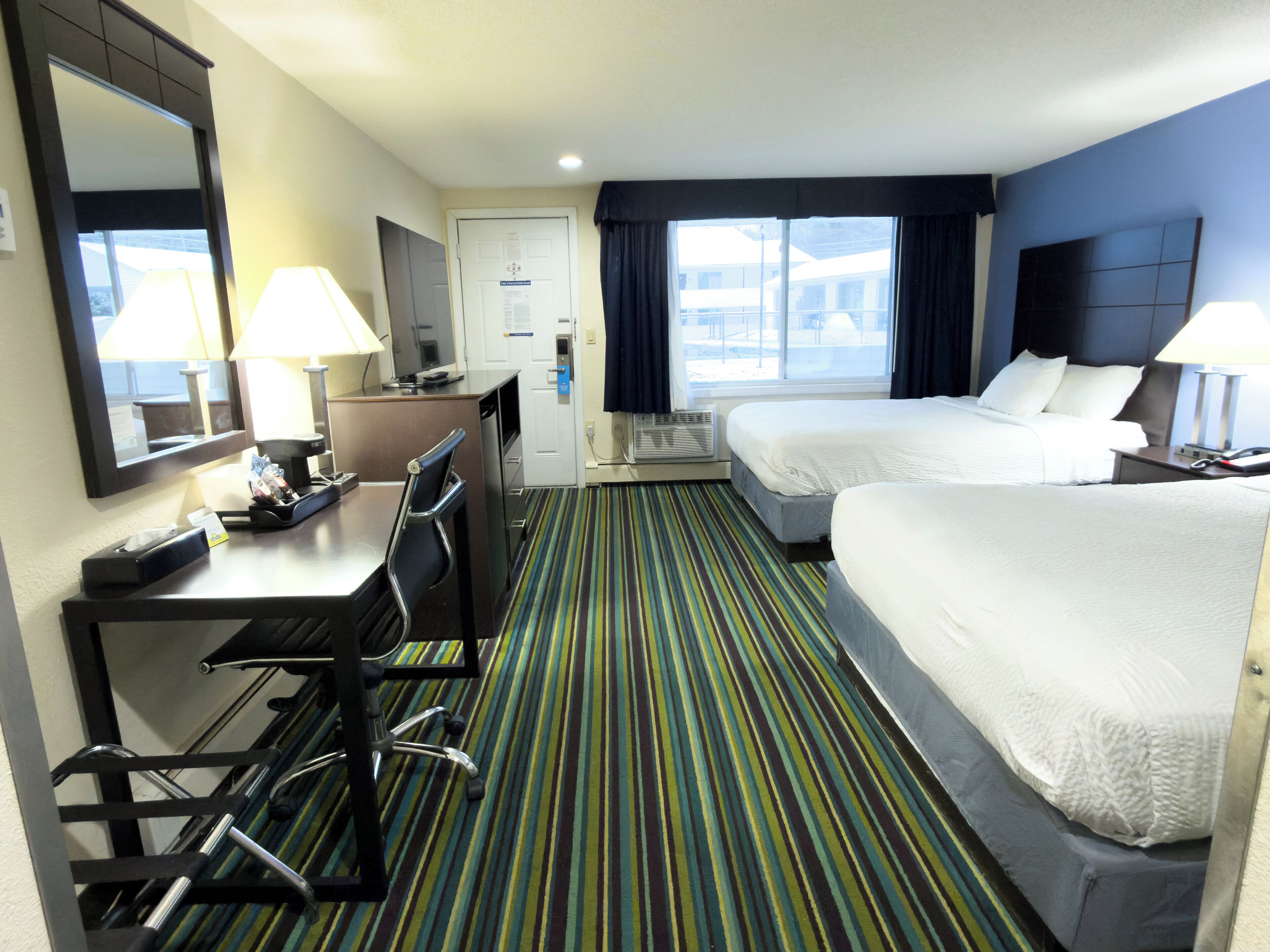 Front View Room, 2 Queen Beds | Pillowtop beds, desk, iron/ironing board, rollaway beds