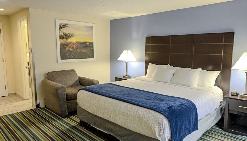 1 King Bed with Hot Tub | Pillowtop beds, desk, iron/ironing board, rollaway beds