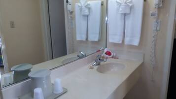 A bathroom with a sink, mirror, towel rack, and a hairdryer.