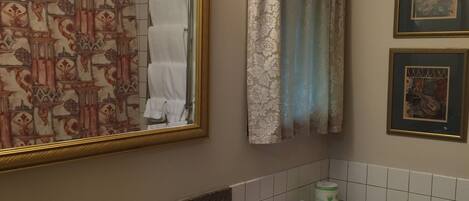 A bathroom with a granite countertop sink, a mirror with a decorative frame, a toilet, and a shower curtain.