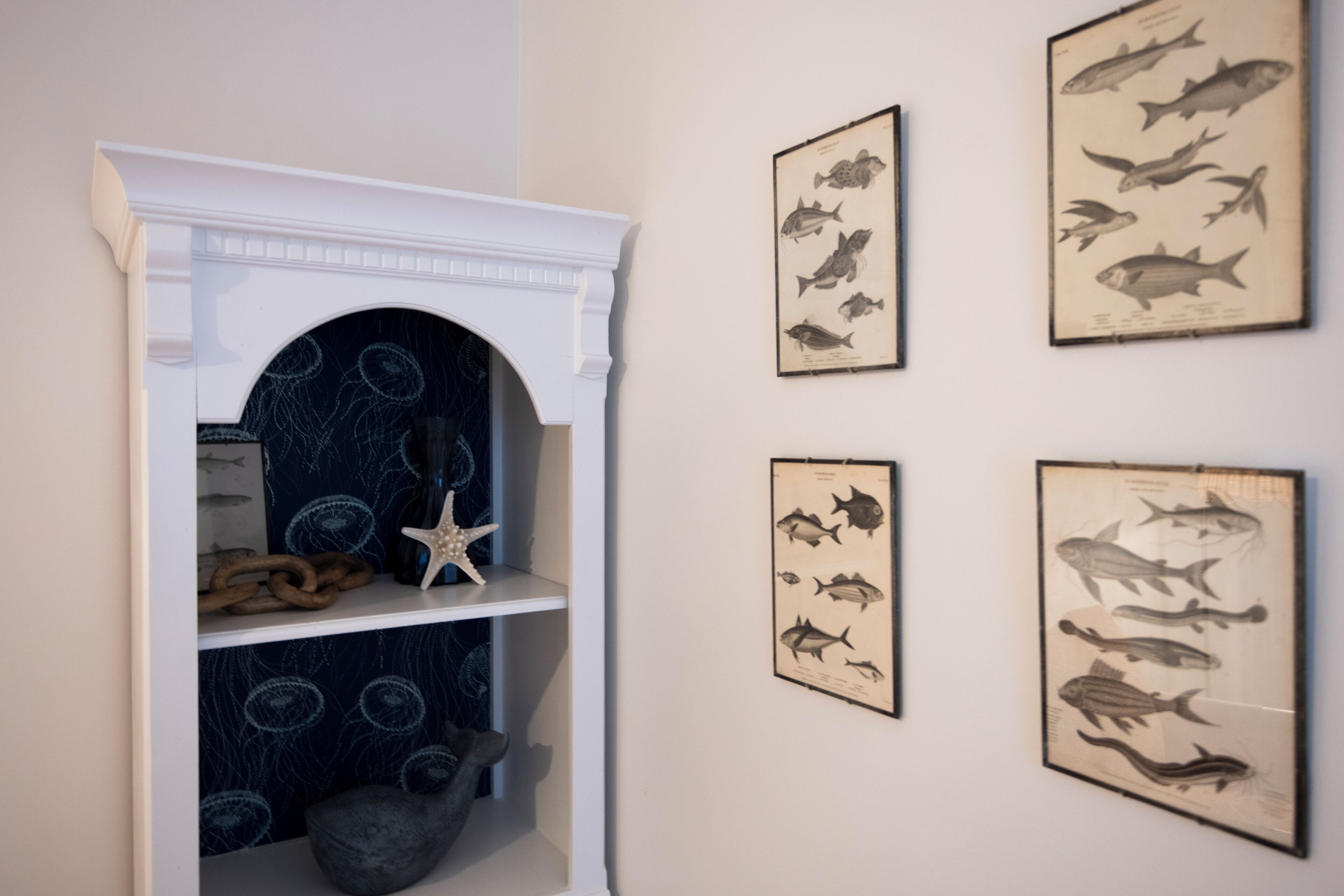 A room with a fireplace, shelves with decorative items, and framed fish illustrations on the wall.