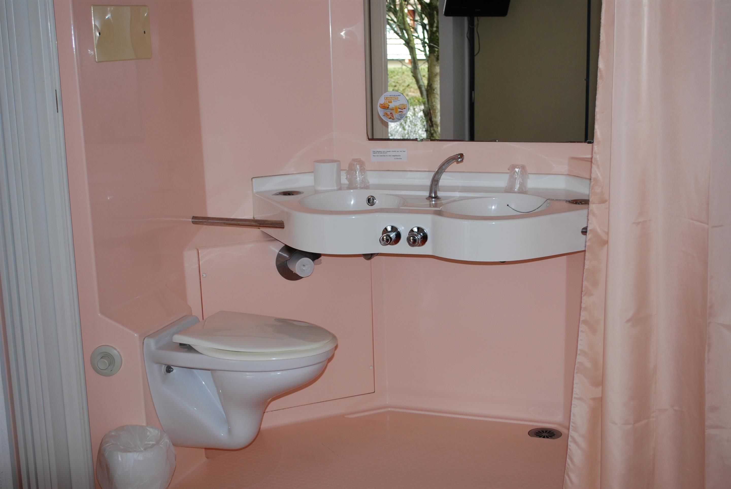 A bathroom with a toilet, sink, and mirror.