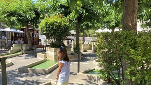 Un parcours de mini-golf doté d’une zone d’entraînement au putting verdoyante, entourée d’arbres et de barrières en béton.