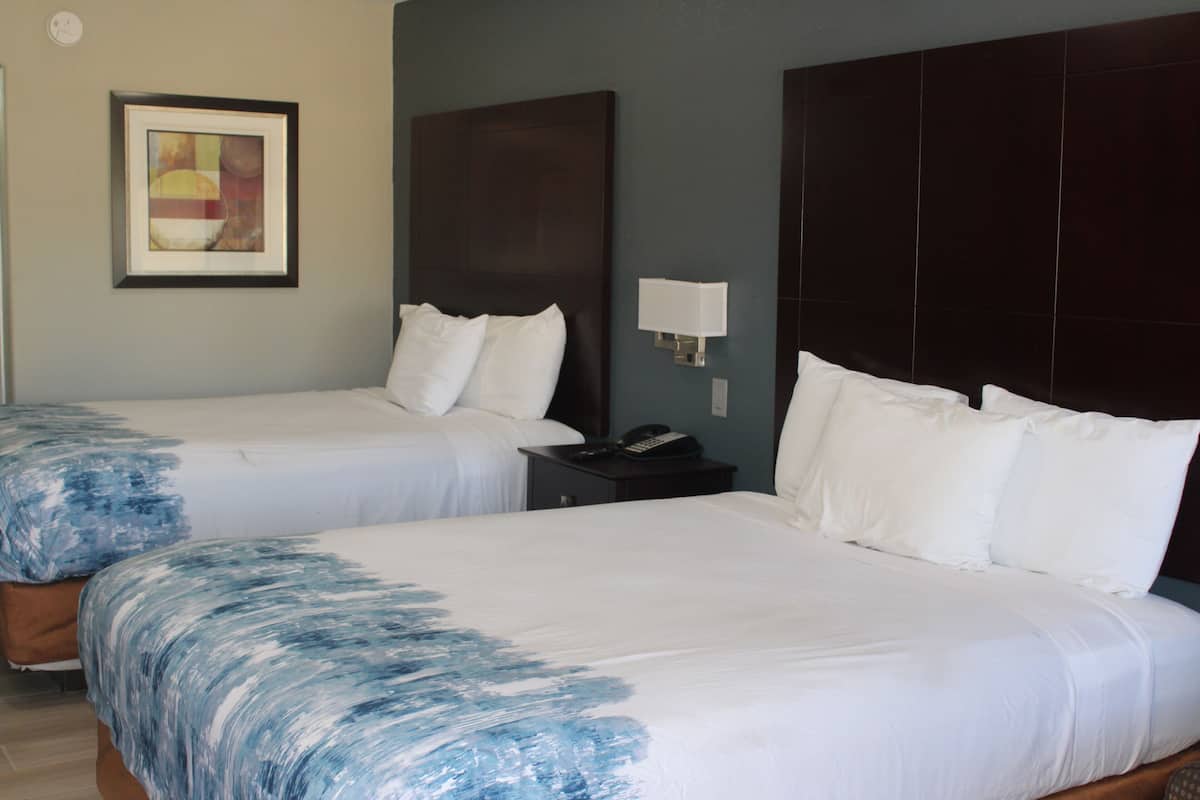 A hotel room with two beds, a framed artwork on the wall, a bedside table with a lamp, and a dark headboard.