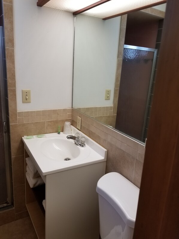 A bathroom with a white sink, a mirror, and a toilet. - Valley Inn (Lebanon)