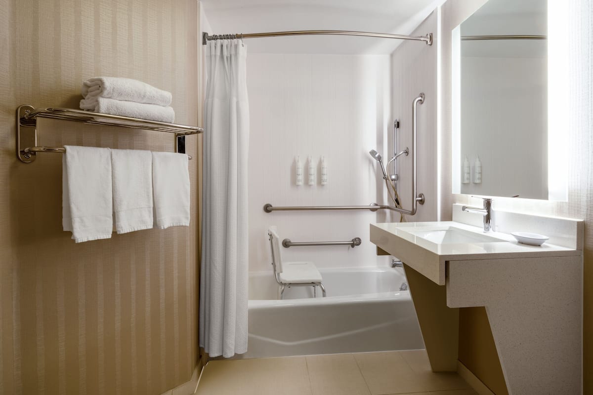 combined shower/bathtub, designer toiletries, hair dryer, towels
