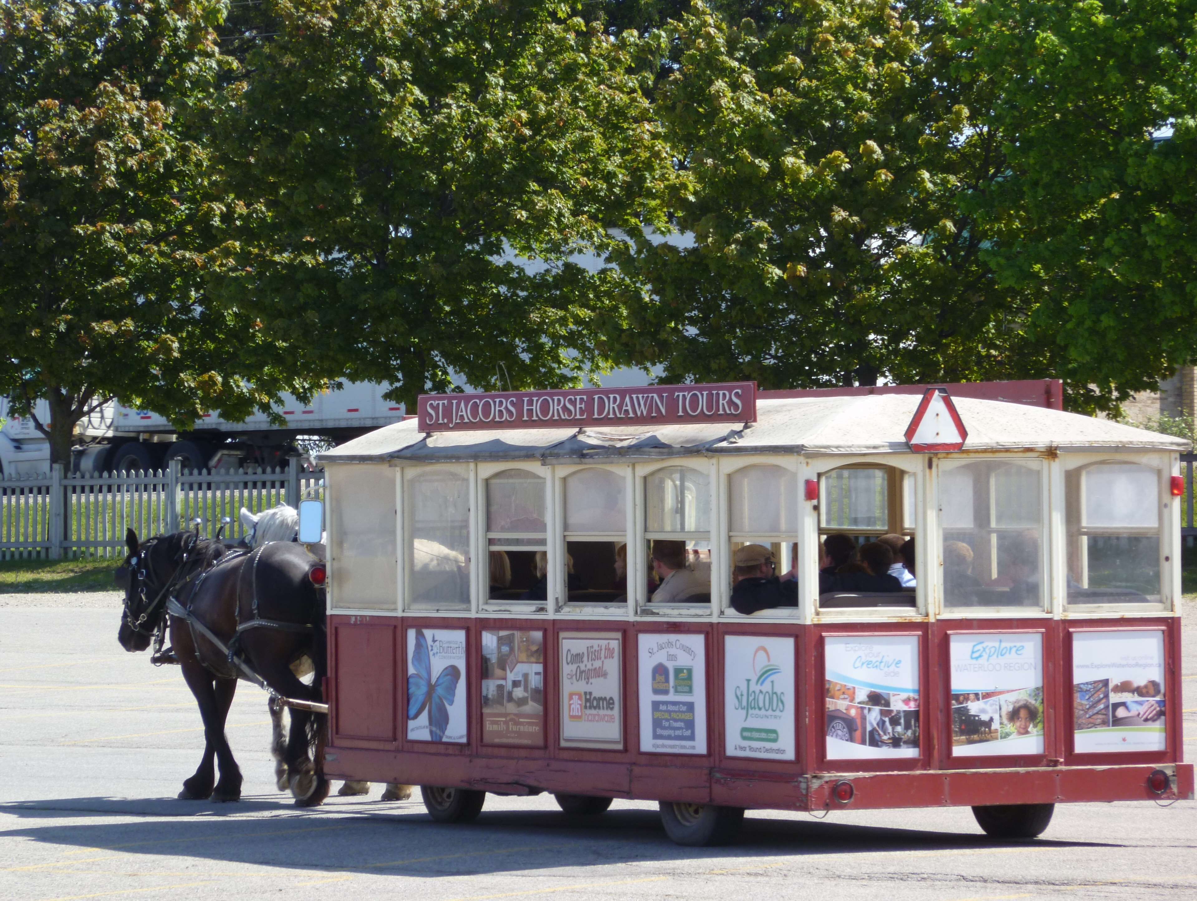 Une calèche tirée par des chevaux, ornée de publicités pour les visites guidées en calèche de St. Jacobs.