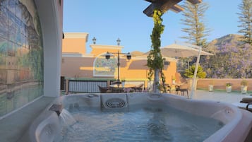 Indoor pool, outdoor pool, open 9 AM to 8 PM, pool umbrellas
