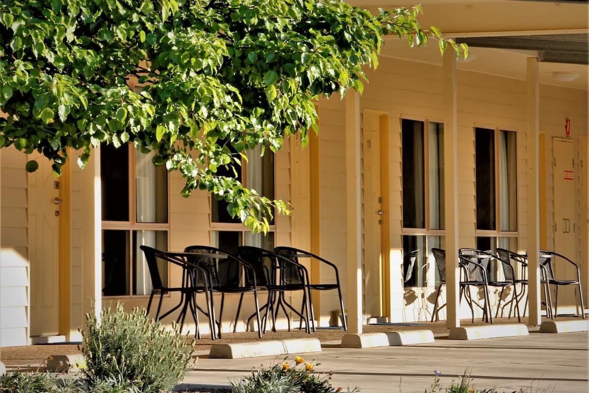 A building with a covered outdoor seating area, multiple windows, and a tree providing shade.