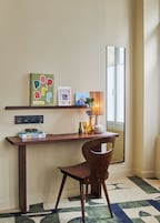 Premium bedding, desk, laptop workspace, blackout curtains