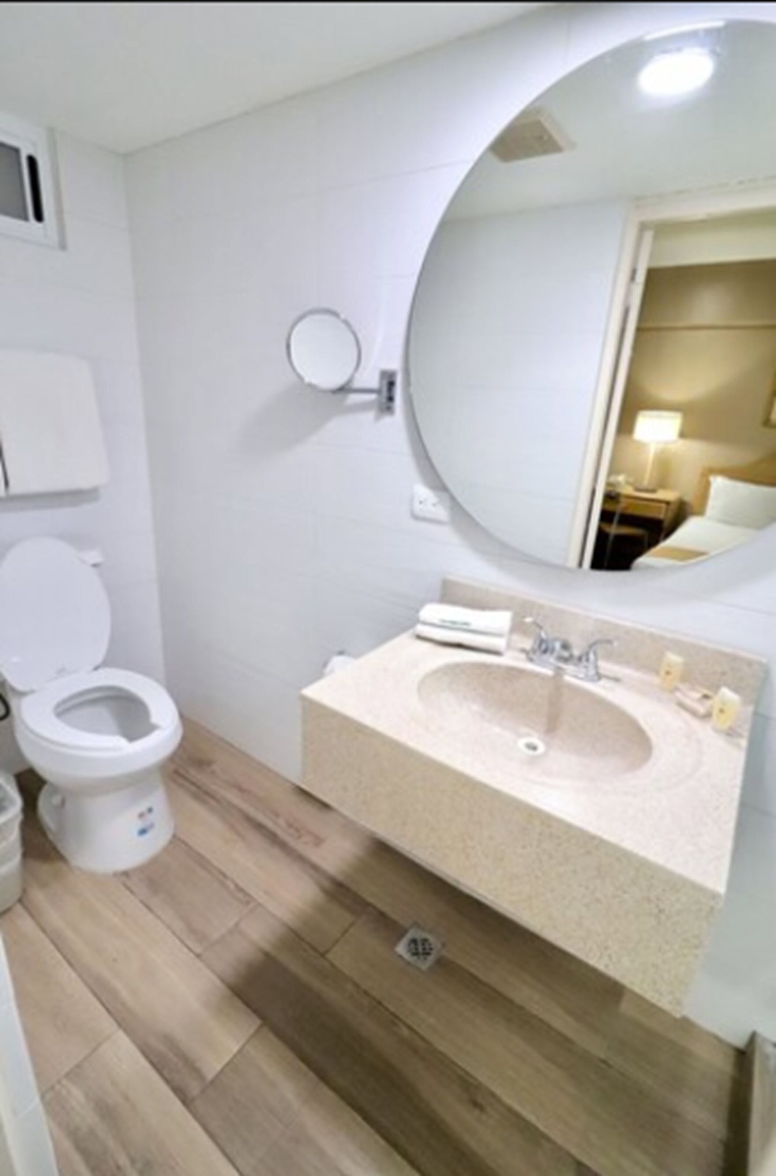 A bathroom with a toilet, sink, mirror, and wooden flooring.