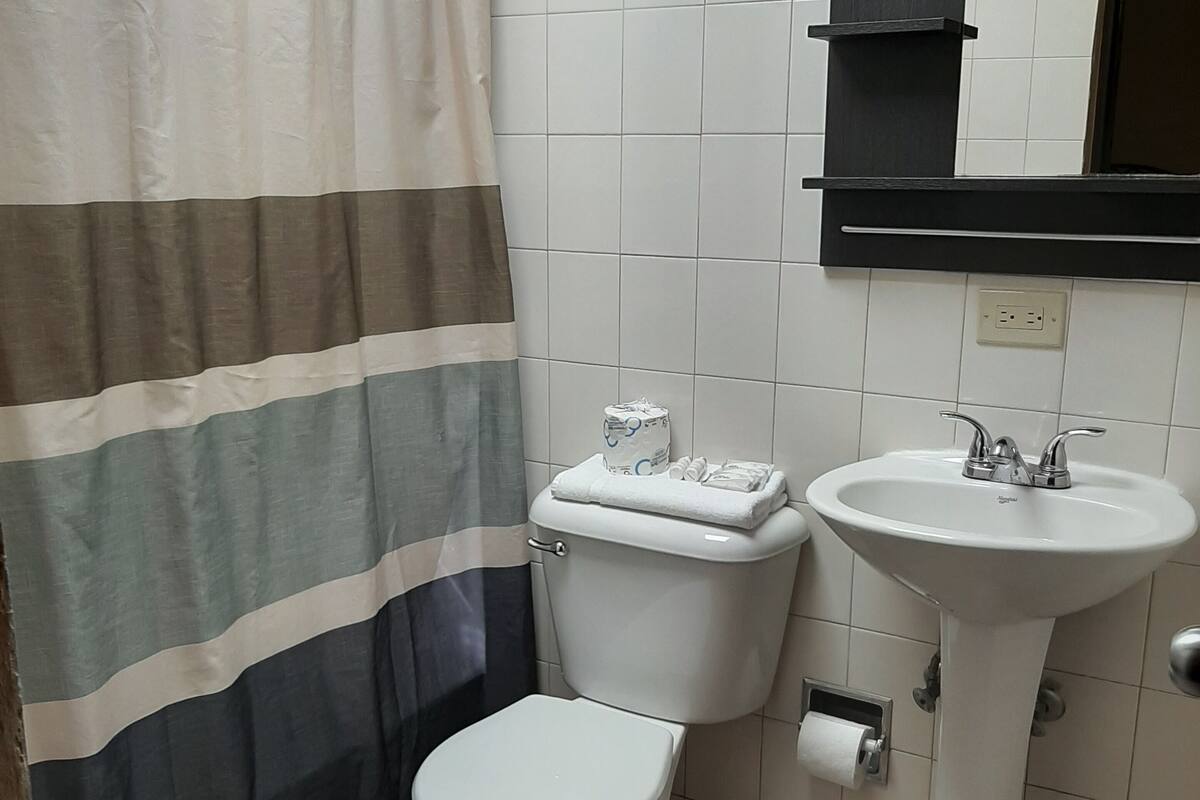 shower, free toiletries, hair dryer, towels