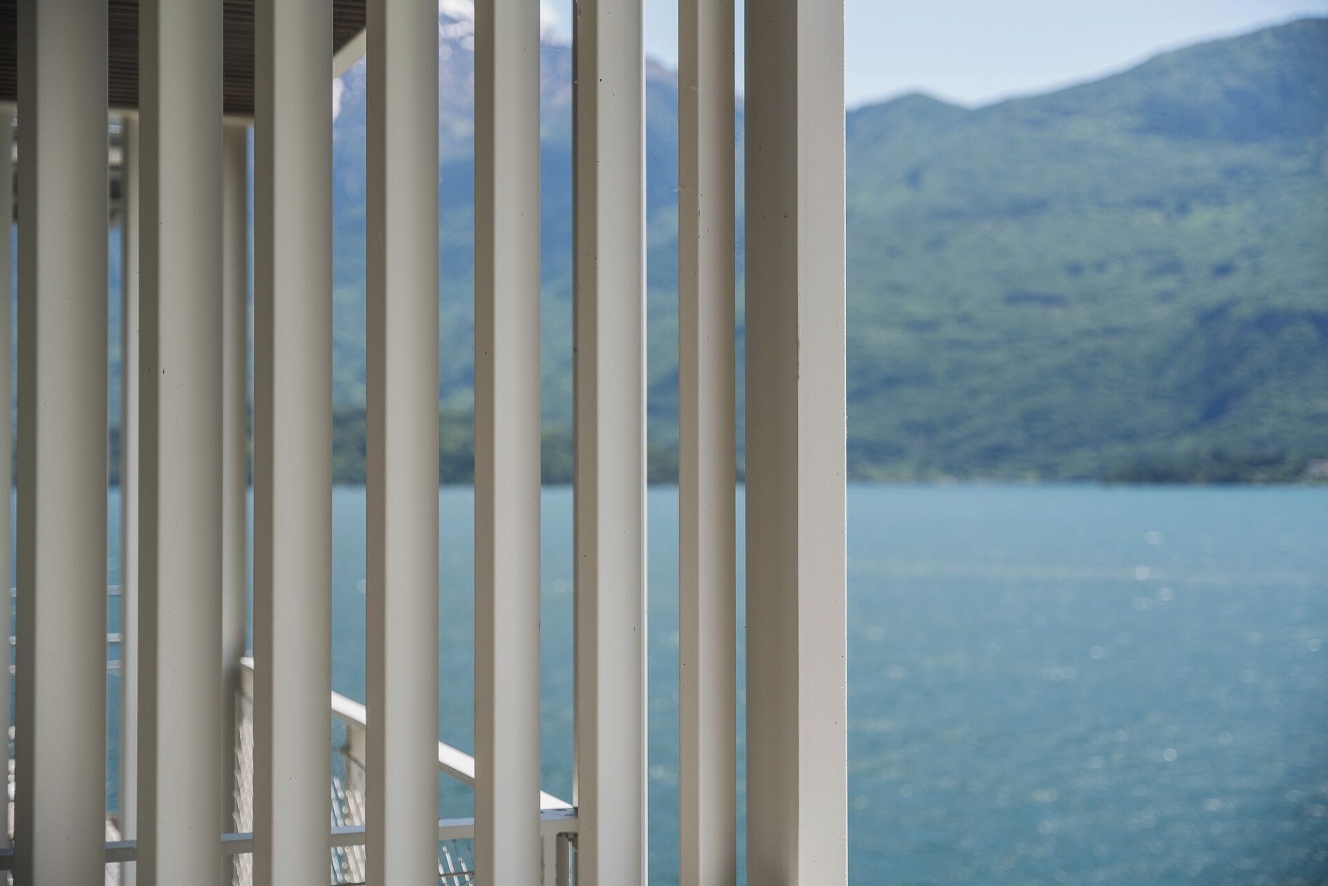 A view through metal bars with a lake and mountains in the background.