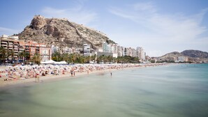 Une plage avec une montagne en arrière-plan, un rivage sablonneux et des bâtiments le long de la côte.