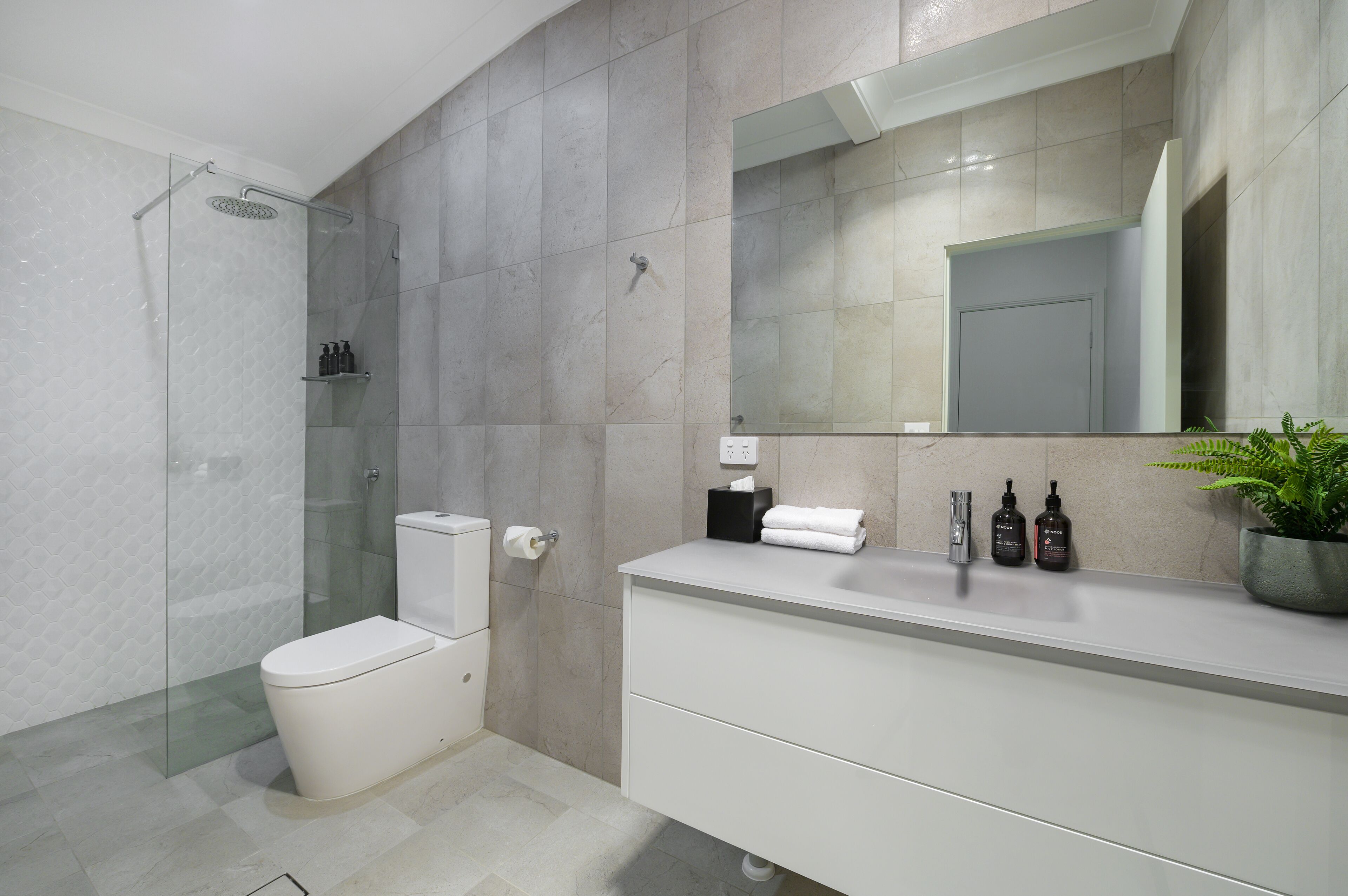 Un baño moderno con ducha envuelta en vidrio, inodoro blanco, tocador con espejo y una planta en maceta.