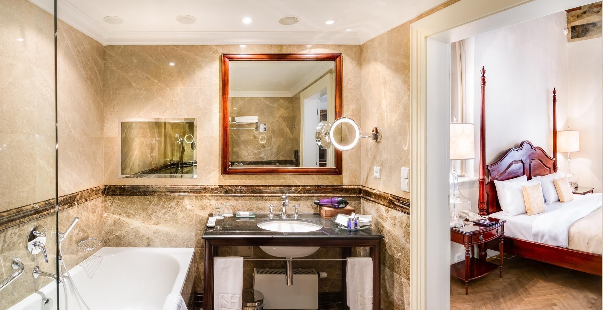 deluxe double or twin room | bathroom | designer toiletries, hair dryer, slippers, towels