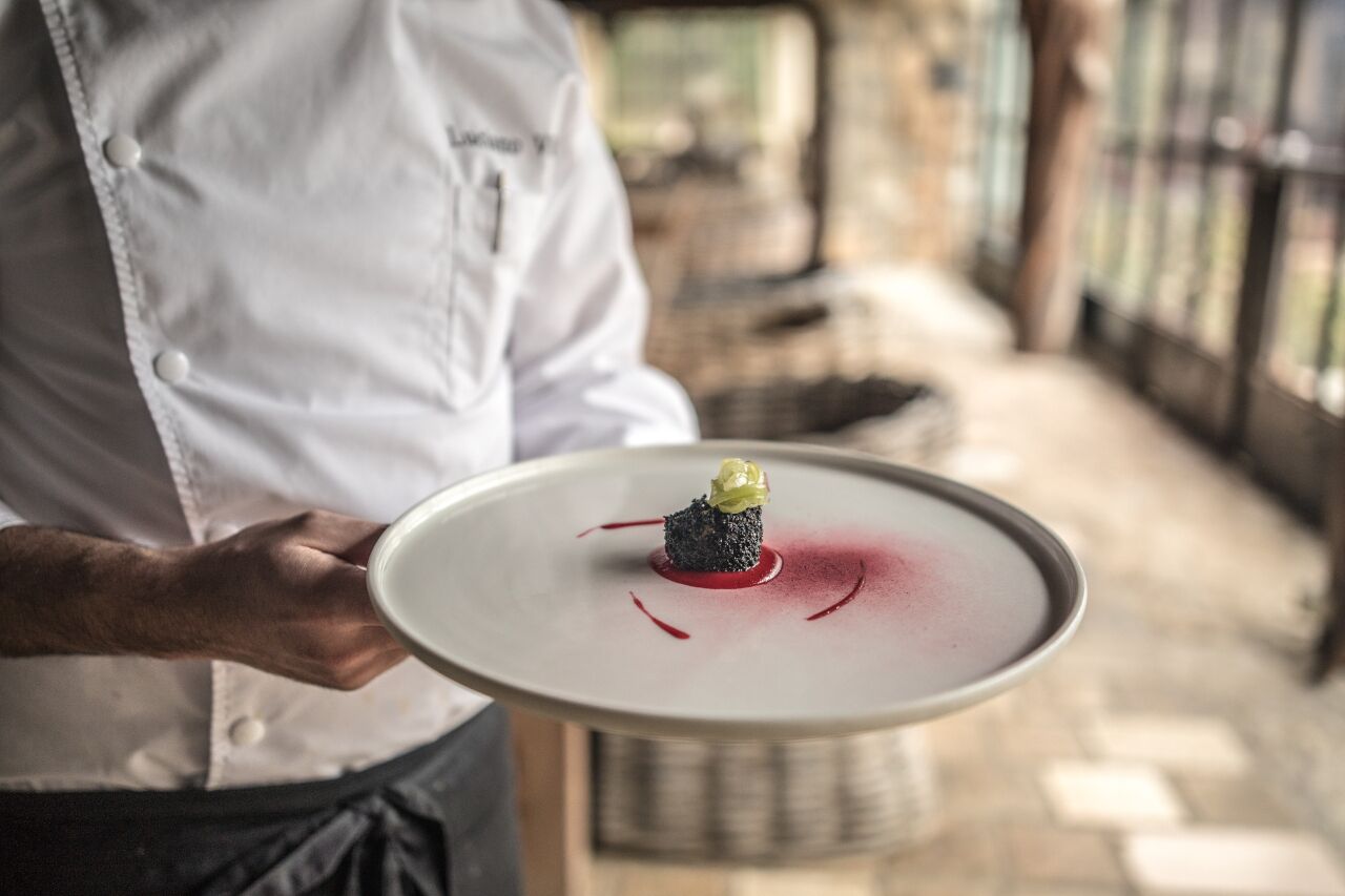 A chef holding a plate with a dish and a red sauce.