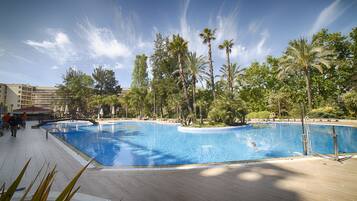 Indoor pool, outdoor pool, pool loungers
