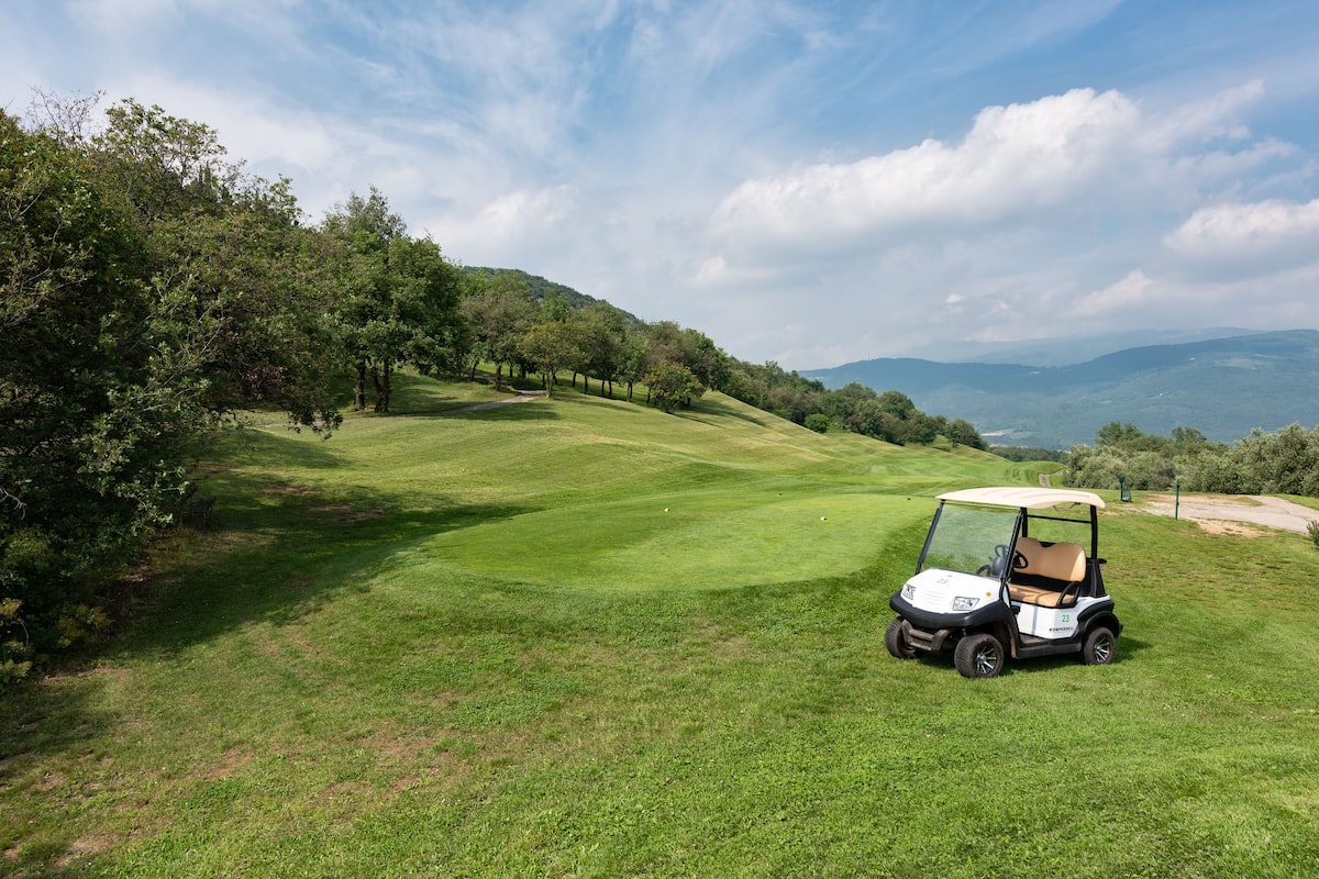 Une voiturette de golf se trouve sur une pelouse bien entretenue, bordée d’arbres, et offre une vue sur des collines lointaines.