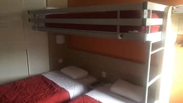 Desk, laptop workspace, blackout curtains, free WiFi