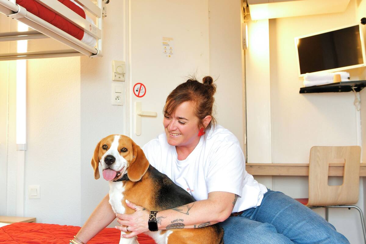 Une personne assise sur un lit, avec un chien, un lit superposé, une porte et un climatiseur fixé au mur.