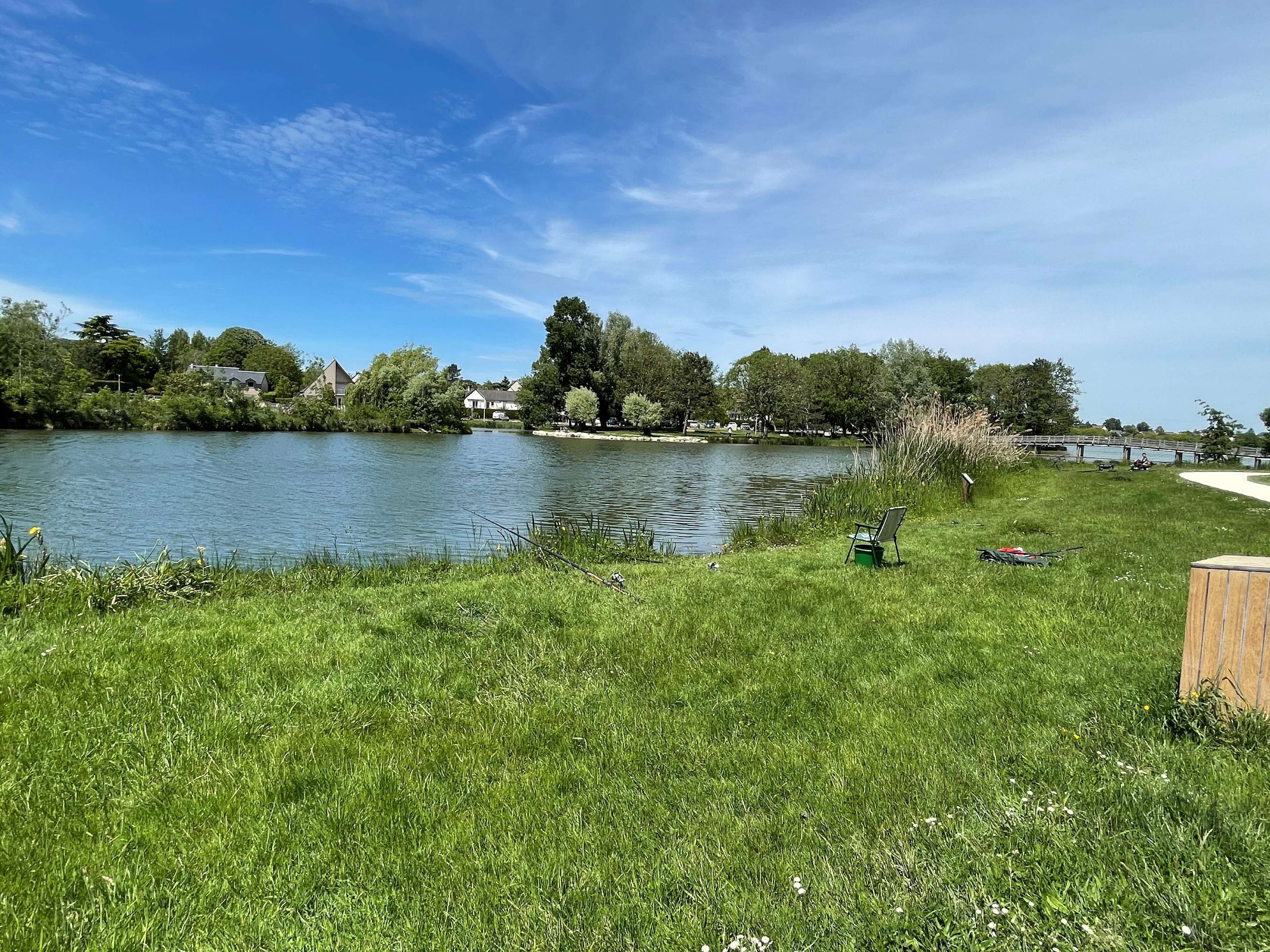 A lakeside view with grassy banks, a wooden dock, and houses in the background.