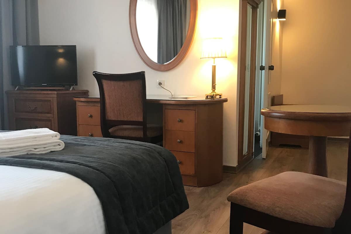 A hotel room with a bed, a desk, a chair, a television, and a mirror.