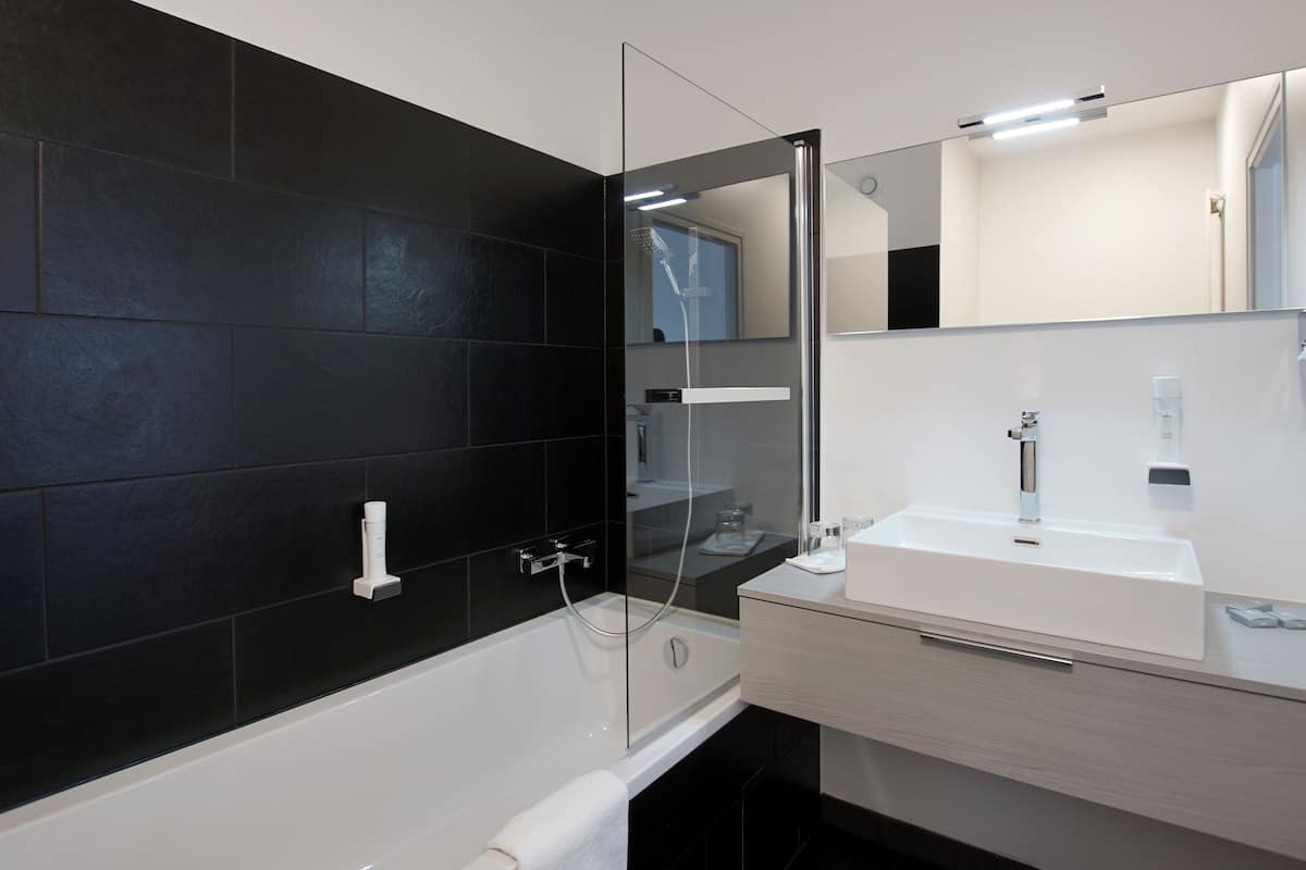 shower, hydromassage showerhead, free toiletries, hair dryer