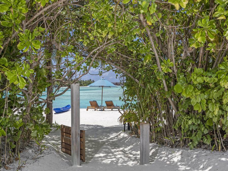 A beach pathway leading to a sandy beach with two lounge chairs and a blue umbrella.