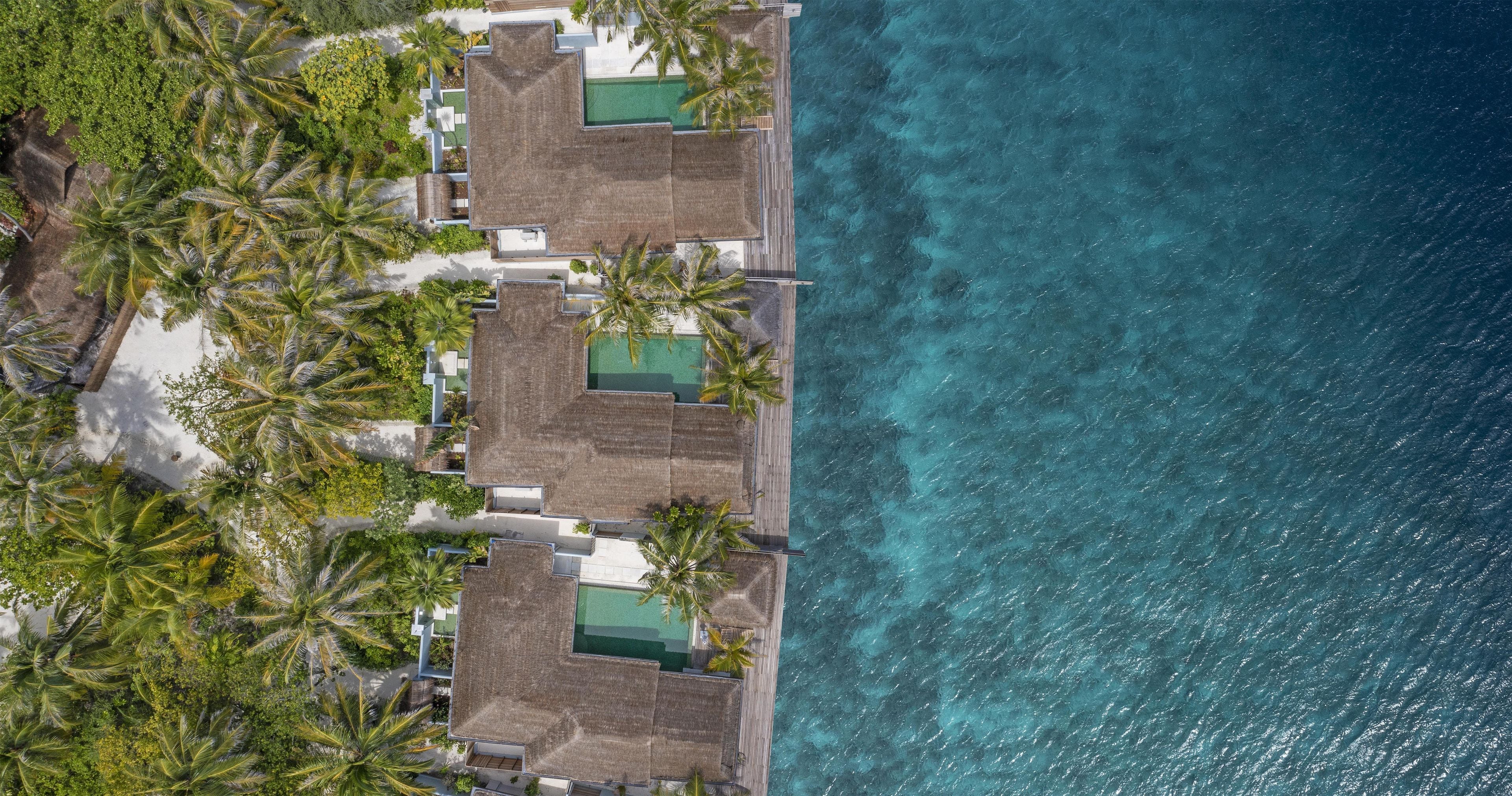 A resort with multiple thatched-roof structures, a pool, and palm trees.