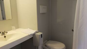 Une salle de bain avec un lavabo blanc, des toilettes et un rideau de douche.