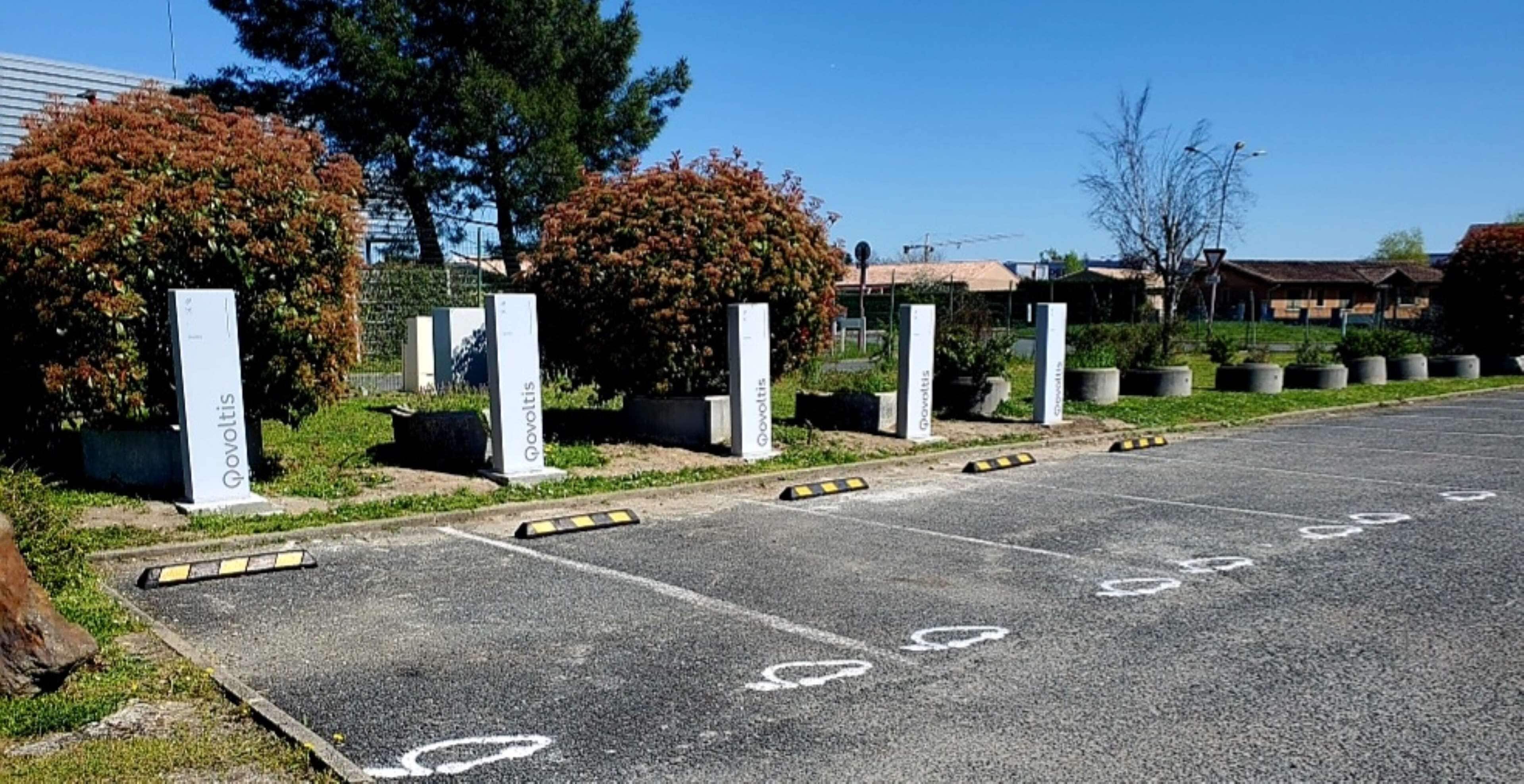 Un área de estacionamiento con espacios delimitados, bollards y una fila de árboles.