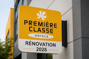 A sign indicating a hotel renovation in 2026.
