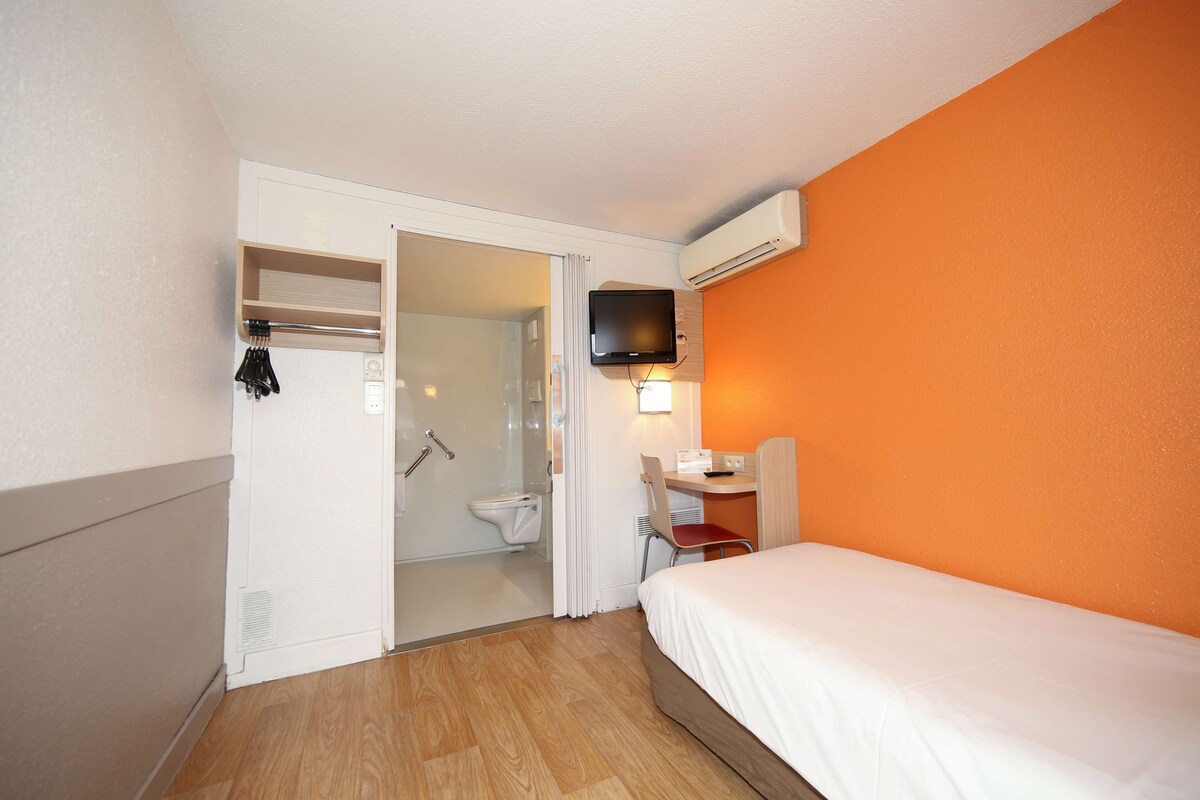 A hotel room with a bed, a desk with a chair, a television mounted on the wall, and a shower area.