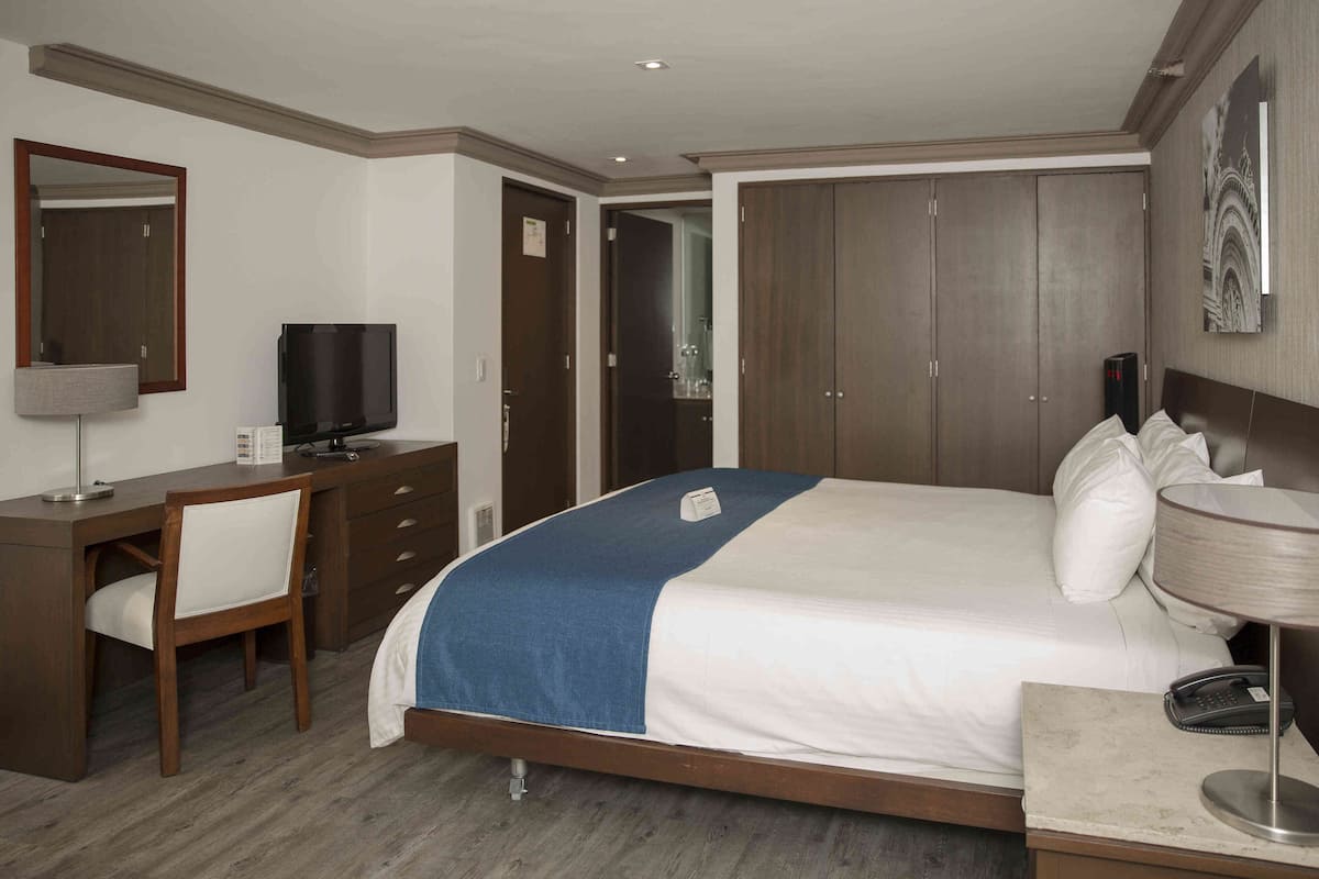 A hotel room with a bed, a desk, a chair, a television, a wardrobe, and a bedside table with a lamp.