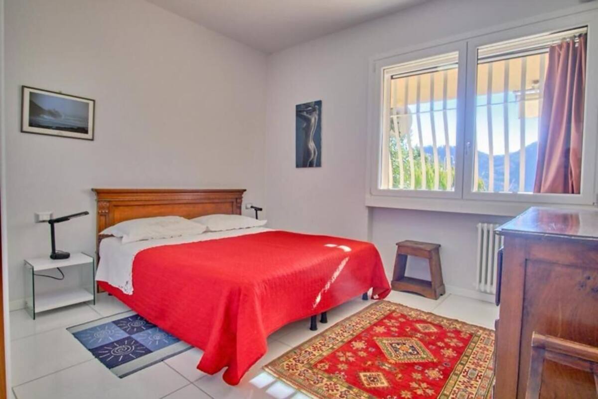 Une chambre à coucher comprenant un lit, une table de chevet, un bureau, une fenêtre avec des rideaux et un radiateur.