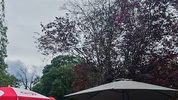 Ein Außenbereich mit roten Picknicktischen und Sonnenschirmen, einem gelben Automaten und einem großen Baum im Hintergrund.
