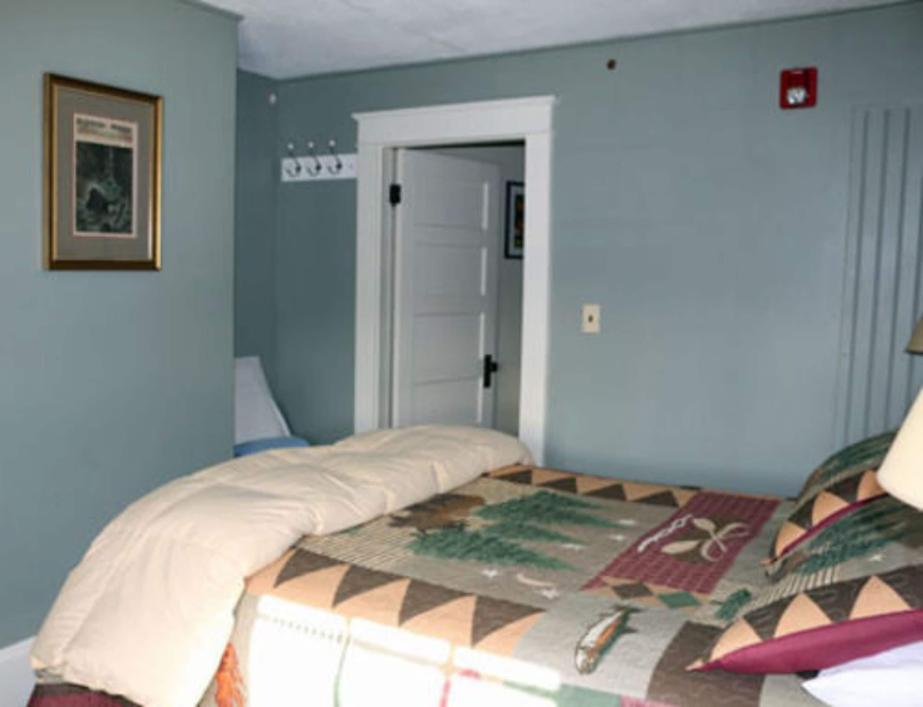 Une chambre à coucher avec un lit, une porte, un tableau encadré au mur et un interrupteur.