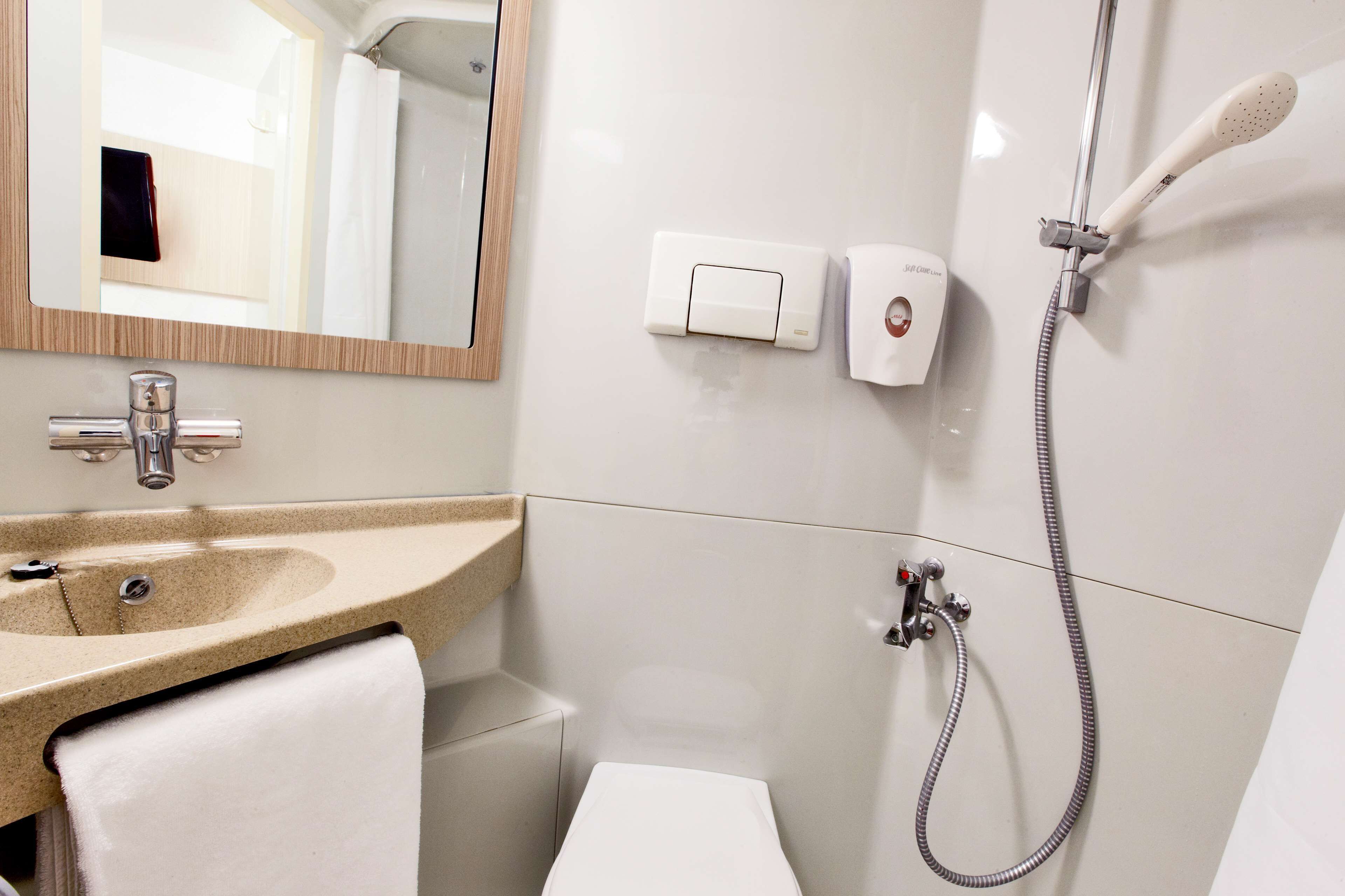 Un baño con lavamanos, espejo, inodoro y ducha.
