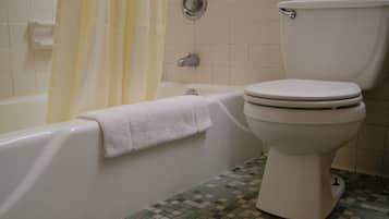 Une salle de bain avec une baignoire, des toilettes et un rideau de douche.