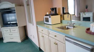 Mini-fridge, microwave, coffee/tea maker