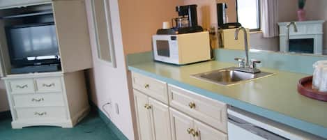 Mini-fridge, microwave, coffee/tea maker